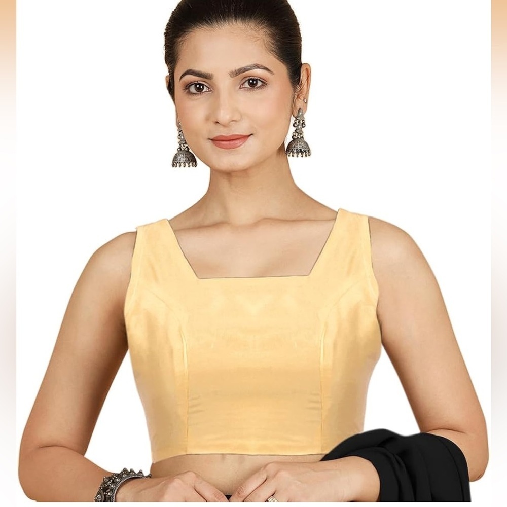 Chandrakala Sleeveless Stretchable Sarees W/Back Side Elastic, Choli Gold,M 603